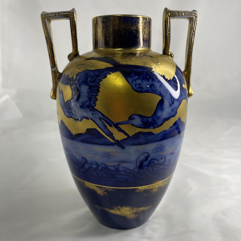 Cobalt Blue & Gold Two Handled Vase W/ Birds Marked LG 5/69